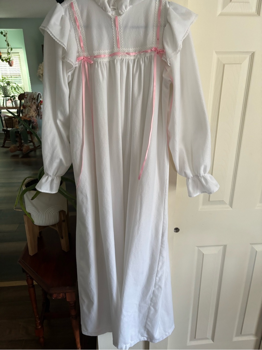 Vintage White Long-Sleeve Nightgown with Pink Ribbon Trim